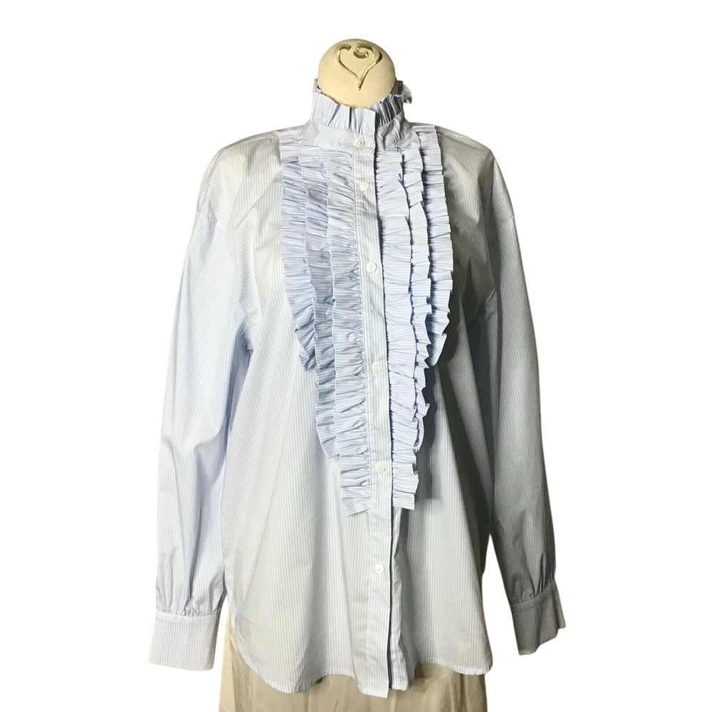Sfera Collection Womens Blue Long Sleeve Button Ruffle Blouse Size S Vintage‎
